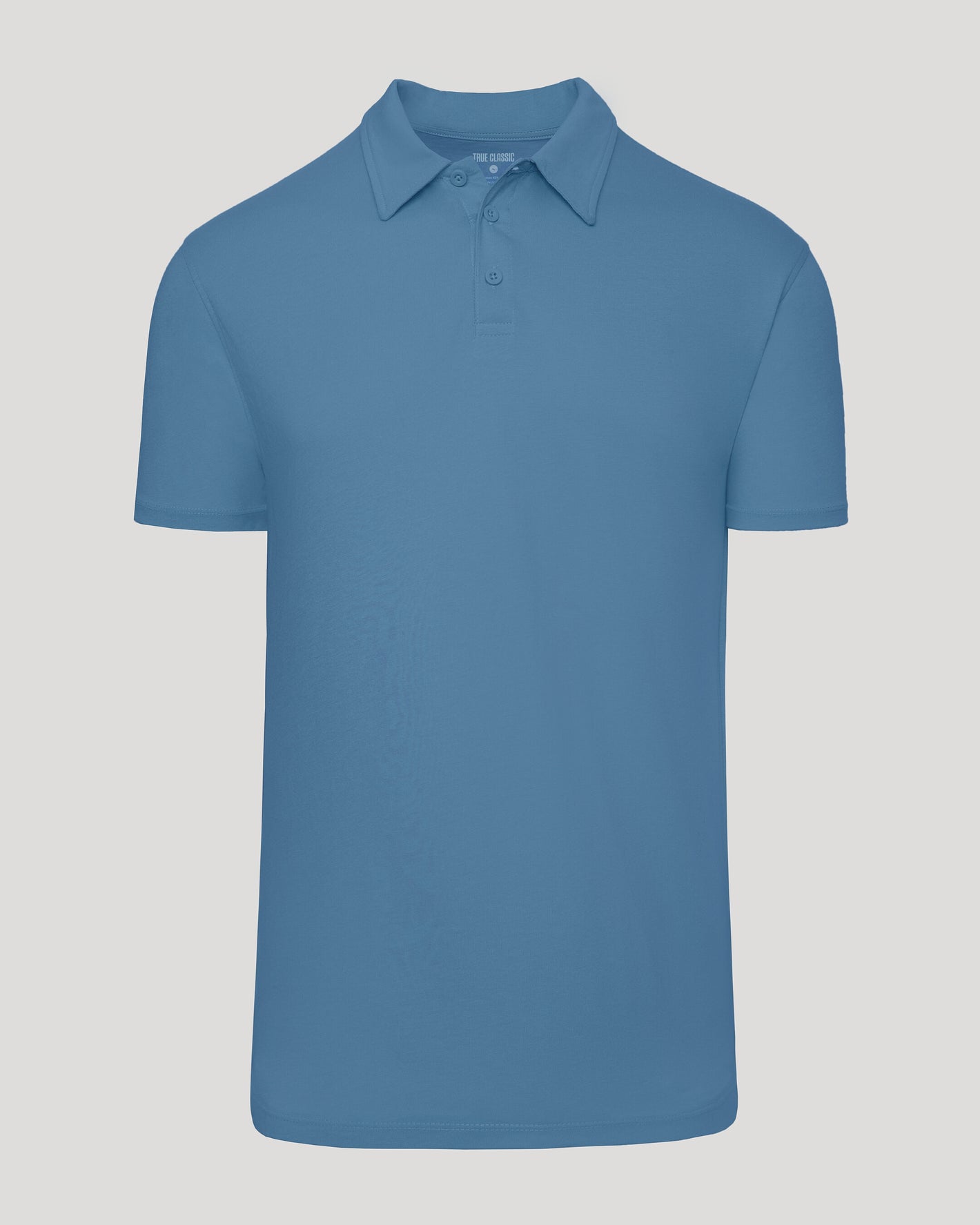 Indigo Short Sleeve Tall Polo, blue, flat-lay, fold-over collar, three-button placket.