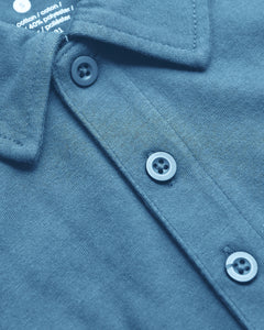 True ClassicIndigo Short Sleeve Tall Polo with knit collar and buttoned placket.