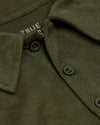 Military Green Short Sleeve Tall Polo's collar and buttons, showcasing texture.