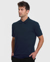 Young man in Navy Short Sleeve Tall Polo.