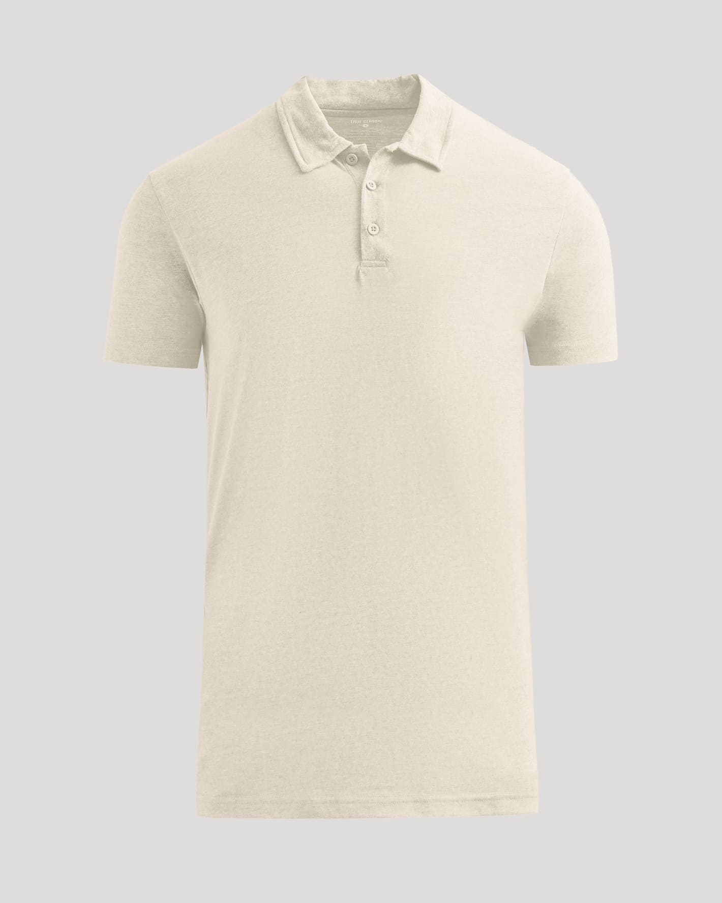 Oatmeal Short Sleeve Tall Polo laid flat with a classic collar.