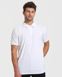 True ClassicAll White Tall Classic Polo 10-Pack modeled, showcasing a fitted, untucked design.
