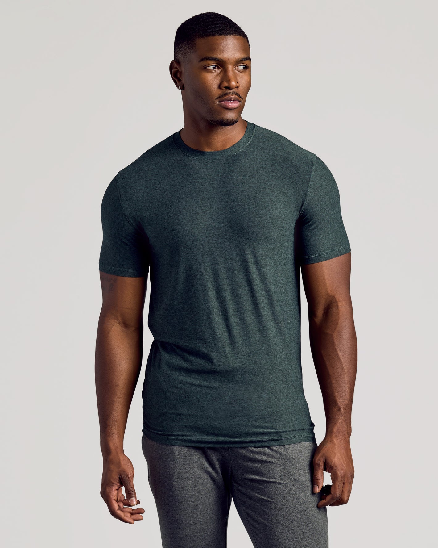 Dark Heather Forest Tall Active Crew Neck 2.0 on model.