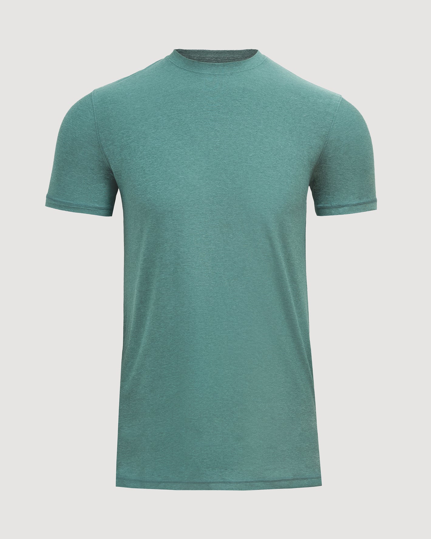 Evergreen Tall Active Crew Neck 2.0, heathered teal T-shirt, laid flat.