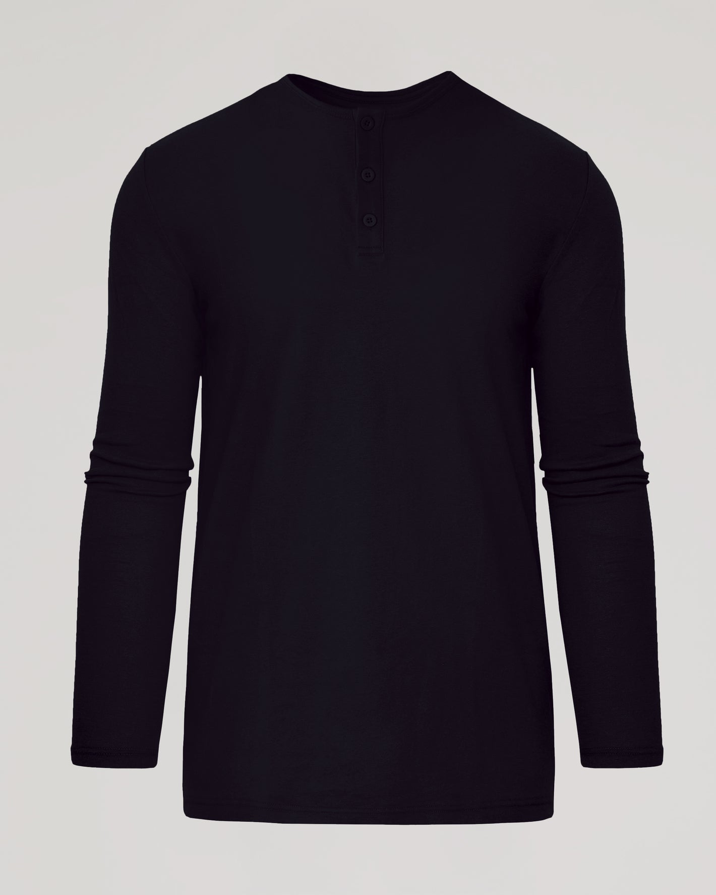 Black Tall Classic Long Sleeve Henley with button placket for taller frames.