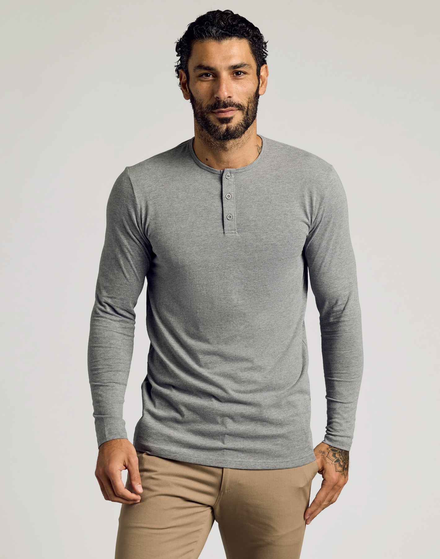 Heather Gray Tall Classic Long Sleeve Henley worn by male model.