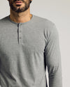Man wearing Heather Gray Tall Classic Long Sleeve Henley, showcasing button placket.