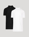 Black and white polo shirts stacked on a light gray background