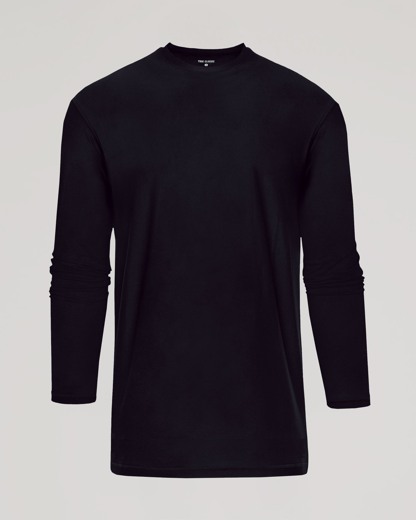 Black Long Sleeve Tall Active Crew, laid out, showcasing its athletic fit.