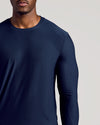 Navy Long Sleeve Tall Active Crew on model, highlighting fit and fabric.