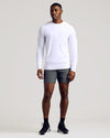 White Long Sleeve Tall Active Crew on model in athletic pose.