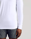 White Long Sleeve Tall Active Crew with dark gray athletic shorts.