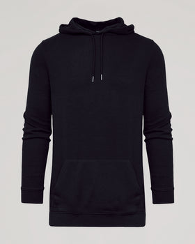 Black Tall Waffle Hoodie with drawstring hood, ribbed cuffs, and kangaroo pocket.