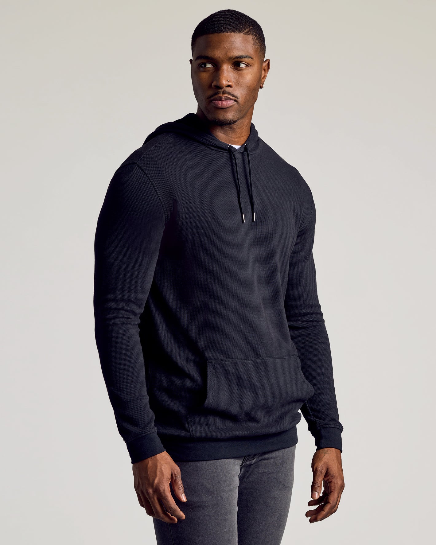 Black & Carbon Tall Waffle Hoodie 2-Pack modeled with slim-fit grey jeans.