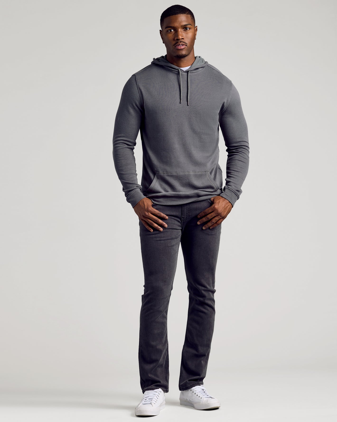 Young man wearing Black & Carbon Tall Waffle Hoodie 2-Pack.