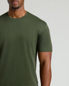 Close-up of a man wearing an olive green Grove Tall Pima Cotton Blend Crew, showcasing the smooth fabric and comfortable fit of this men's basics essential.