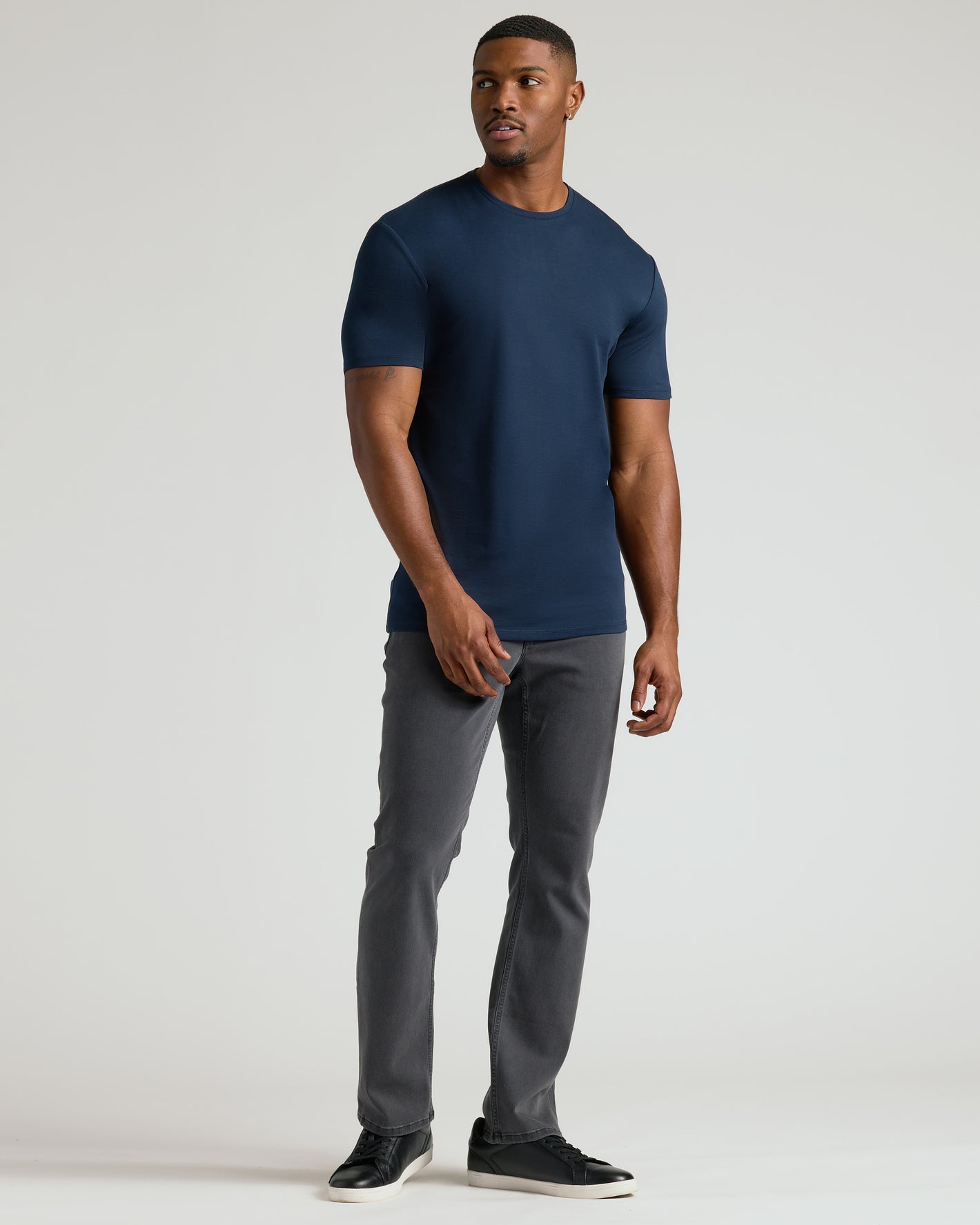 Navy Tall Premium Pima Crew Neck on casually dressed man.