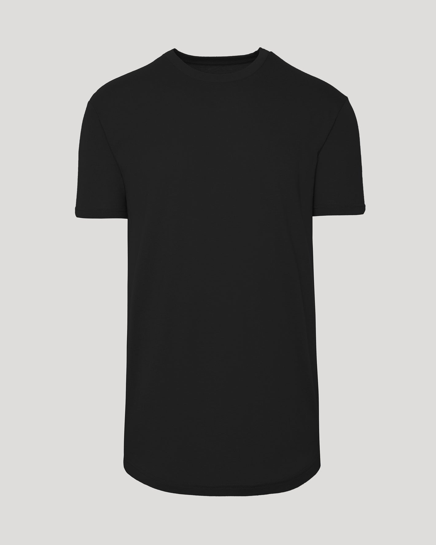 Black Short Sleeve Tall Curved Hem Crew on light-gray background.