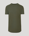 Military Green Short Sleeve Tall Curved Hem Crew on neutral backdrop.