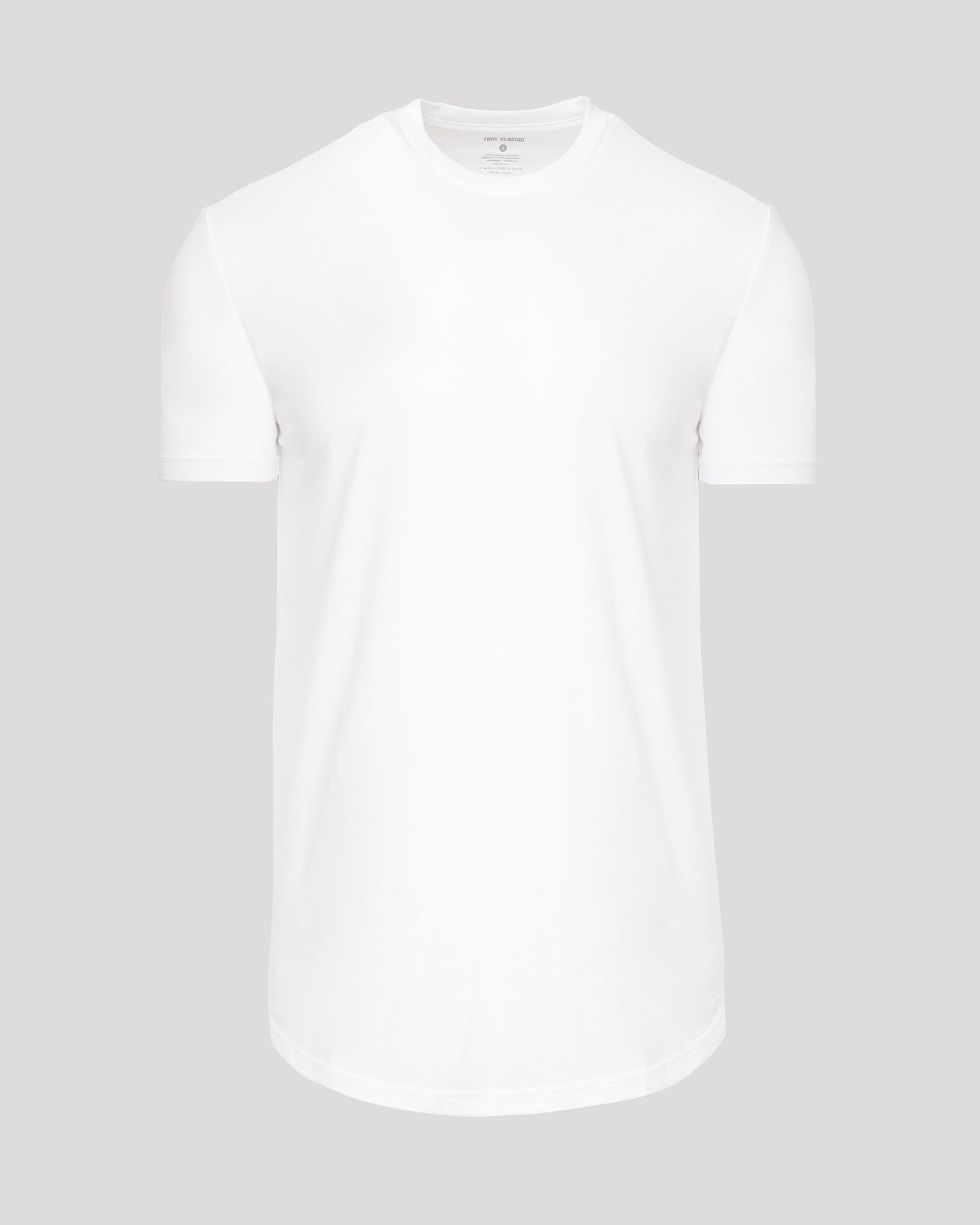 White Short Sleeve Tall Curved Hem Crew laid flat, front view.