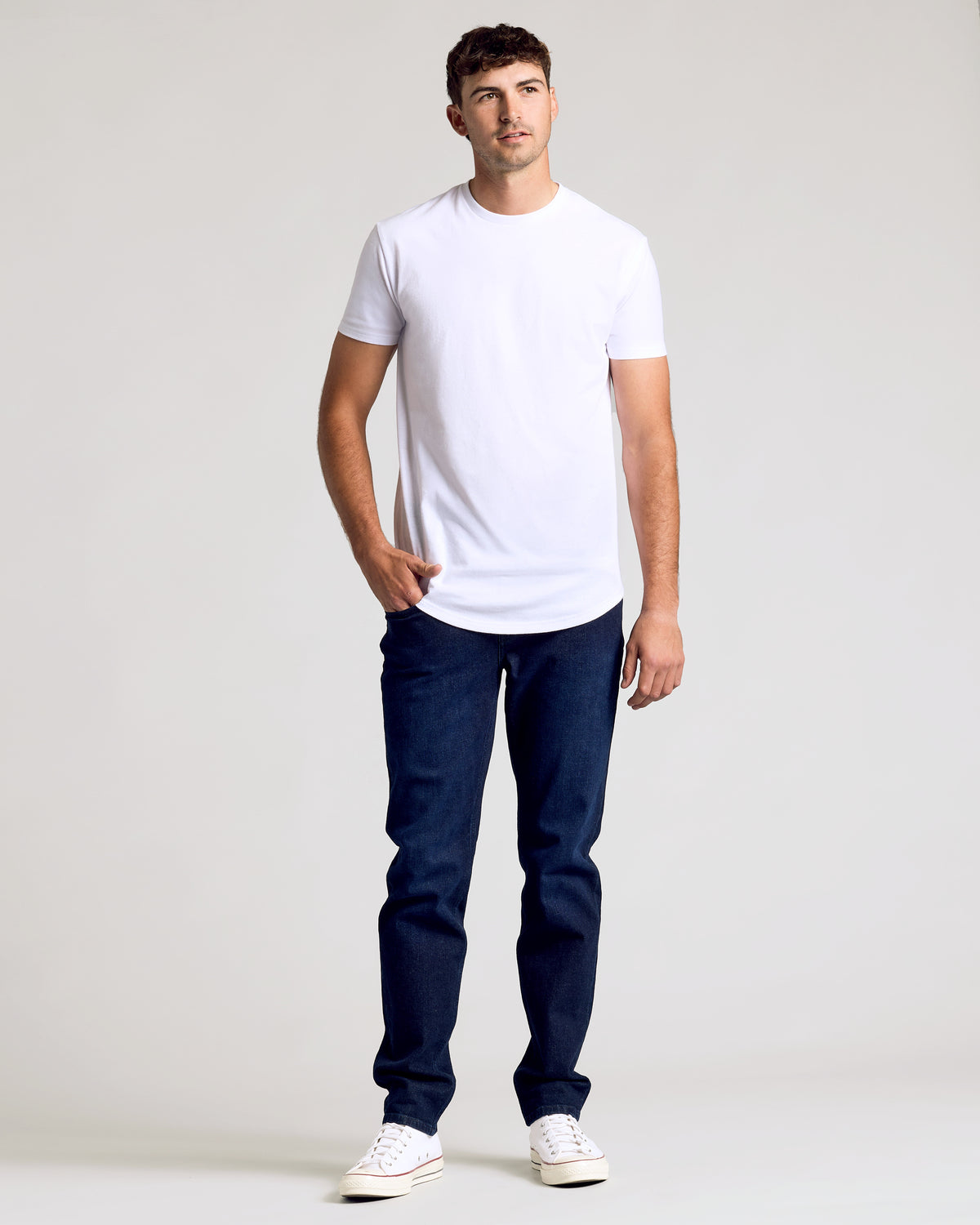 All White Short Sleeve Tall Curved Hem Crew 6-Pack worn by man.