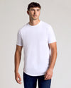 White Short Sleeve Tall Curved Hem Crew on man, relaxed pose.