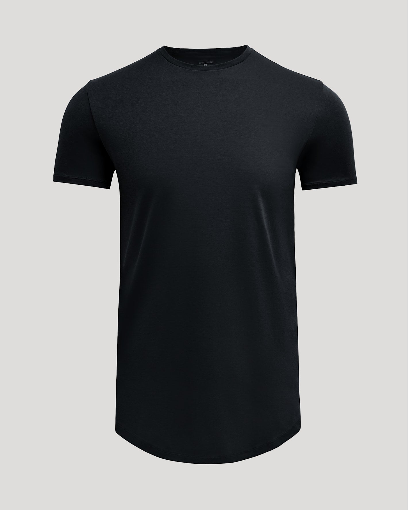 Black Tall Pima Cotton Blend Curved Hem Crew t-shirt displayed on a neutral background, showcasing a classic men's basics style with a curved hem and short sleeves.