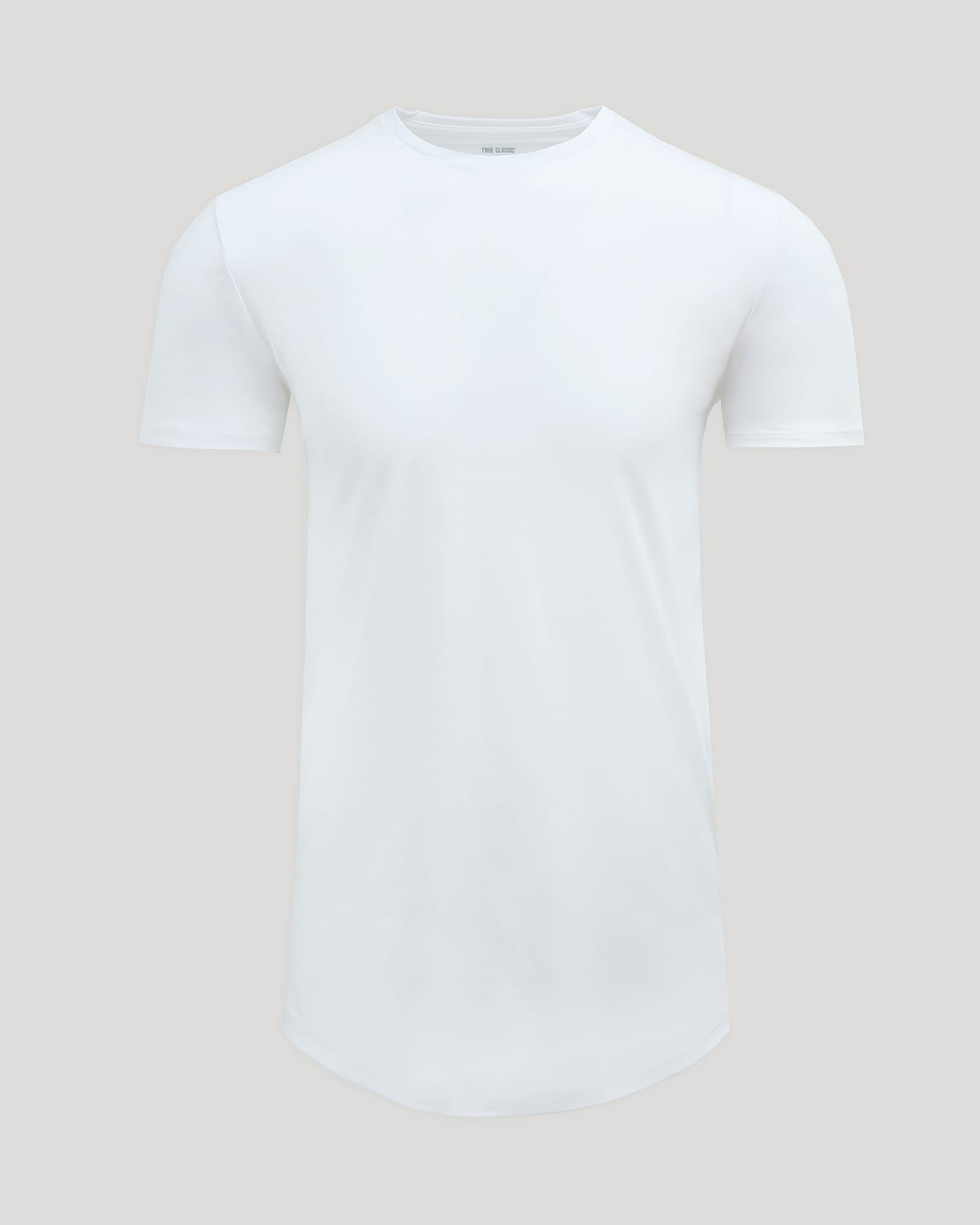 White Tall Pima Cotton Blend Curved Hem Crew shirt displayed on a neutral background, showcasing a clean, soft, and comfortable men's basics style.