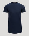 Black t-shirt with a logo on a light gray background