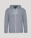 Dusty Blue Fleece French Terry Zip Hoodie with white zipper and drawcords.