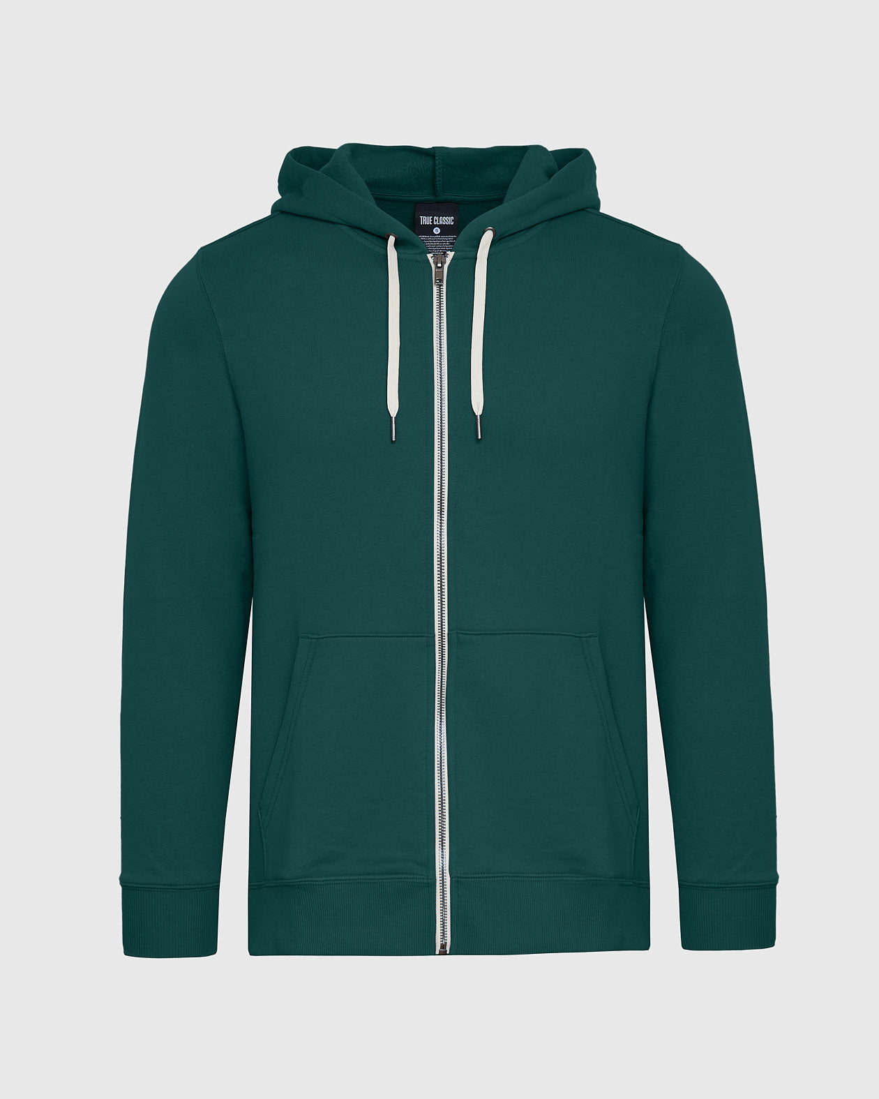 Emerald Fleece French Terry Zip Hoodie with hood, zipper, and kangaroo pocket.
