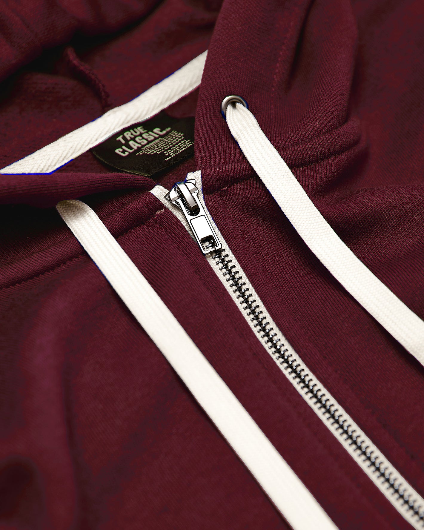 Mahogany Fleece French Terry Zip Hoodie with metal zipper and white drawcords.