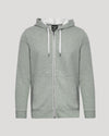 A light gray heather zip-up hoodie with a white interior hood lining and white drawstrings, shown against a solid light gray background.
