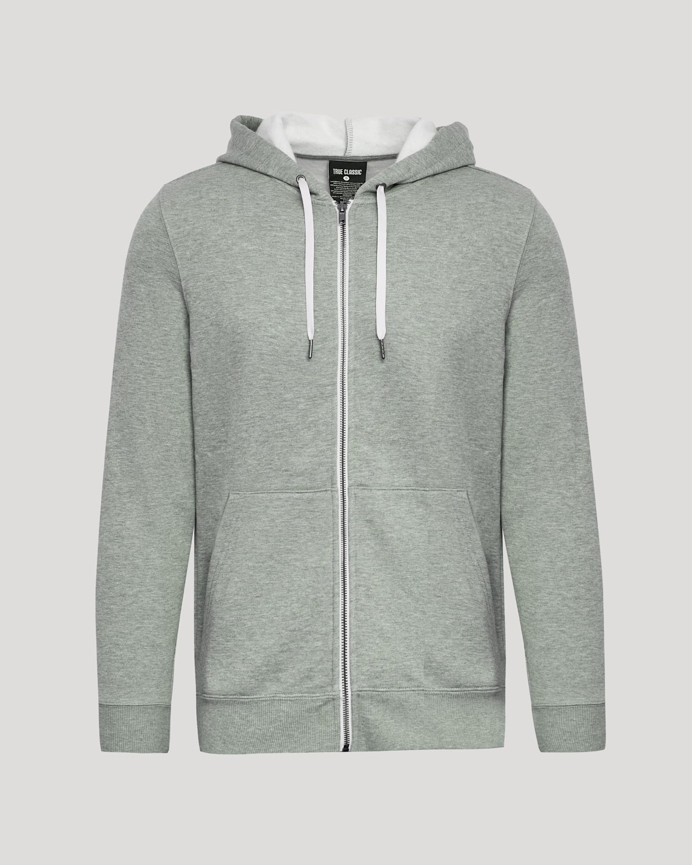 A light gray heather zip-up hoodie with a white interior hood lining and white drawstrings, shown against a solid light gray background.