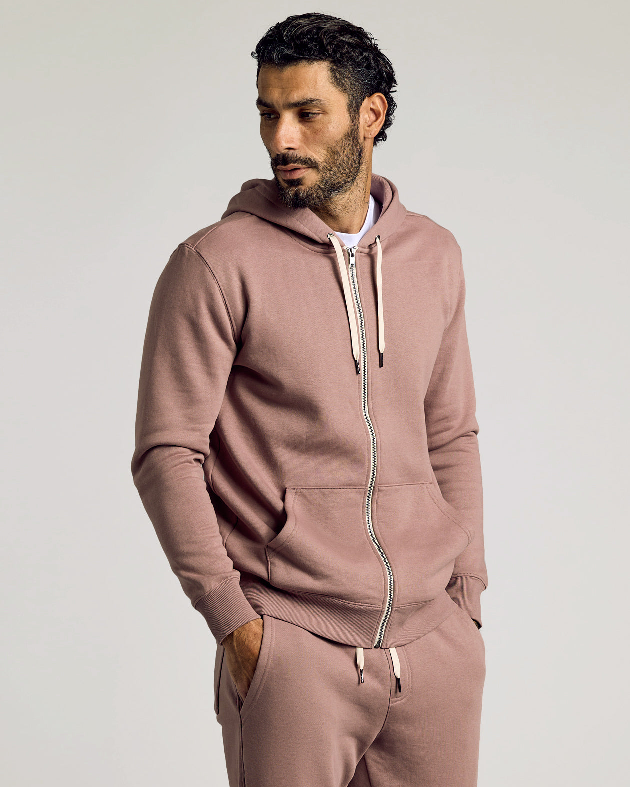 Slate Mauve Fleece French Terry Zip Hoodie with drawstrings and kangaroo pocket.
