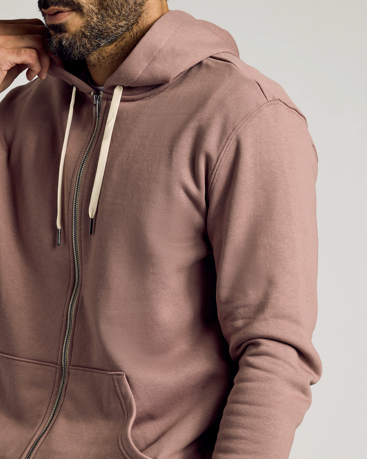Slate Mauve Fleece French Terry Zip Hoodie close-up: hood, zipper, drawstrings.