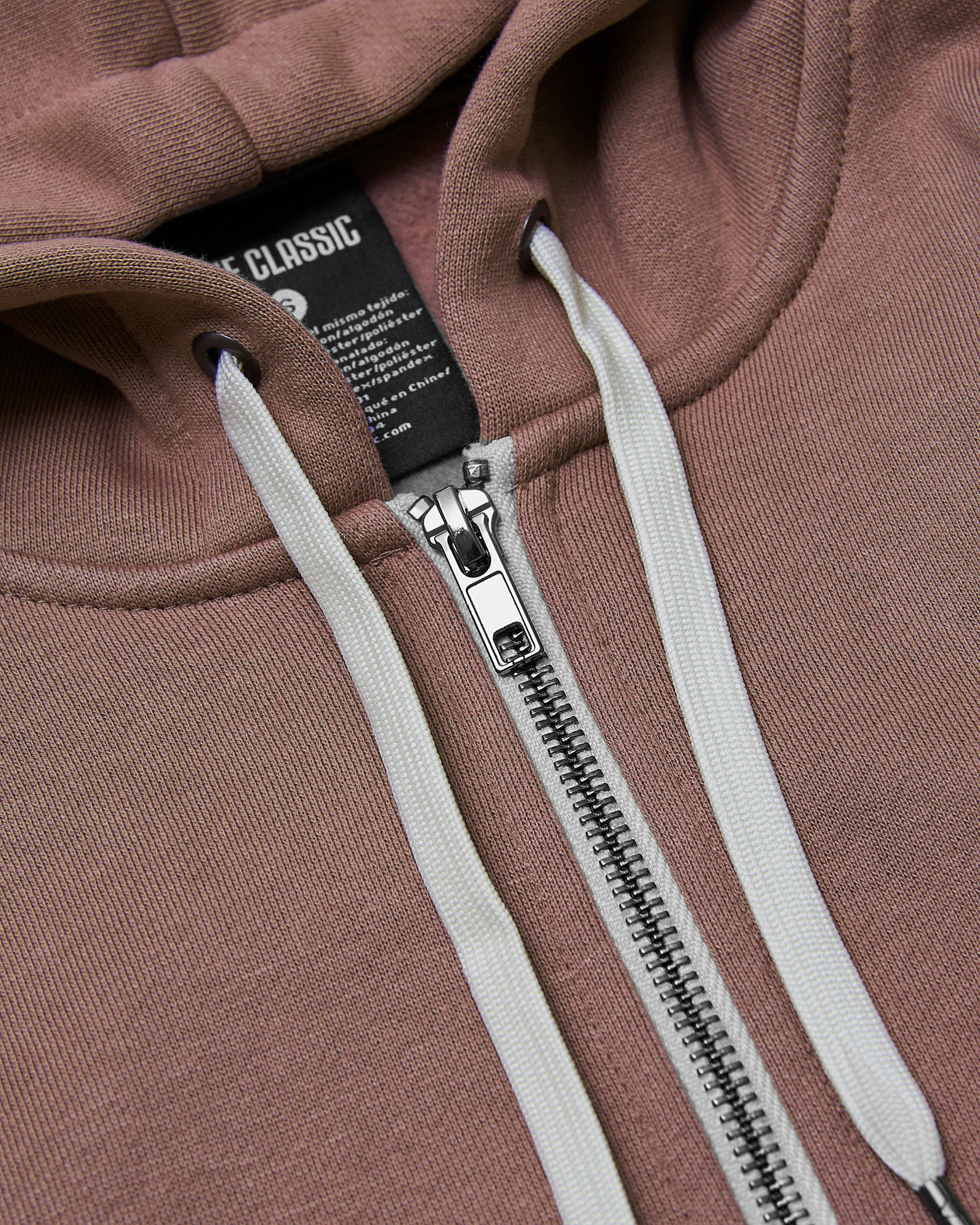 Slate Mauve Fleece French Terry Zip Hoodie with white drawcords and silver zipper.