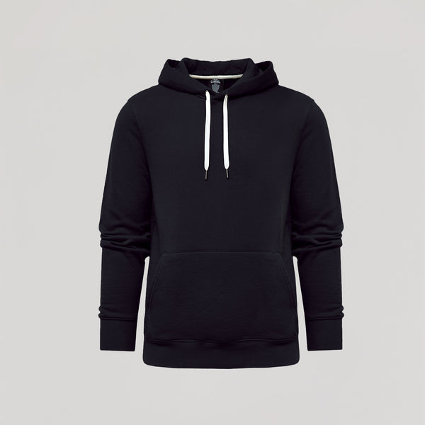 Black Fleece French Terry Pullover Hoodie with white drawstrings and kangaroo pocket.