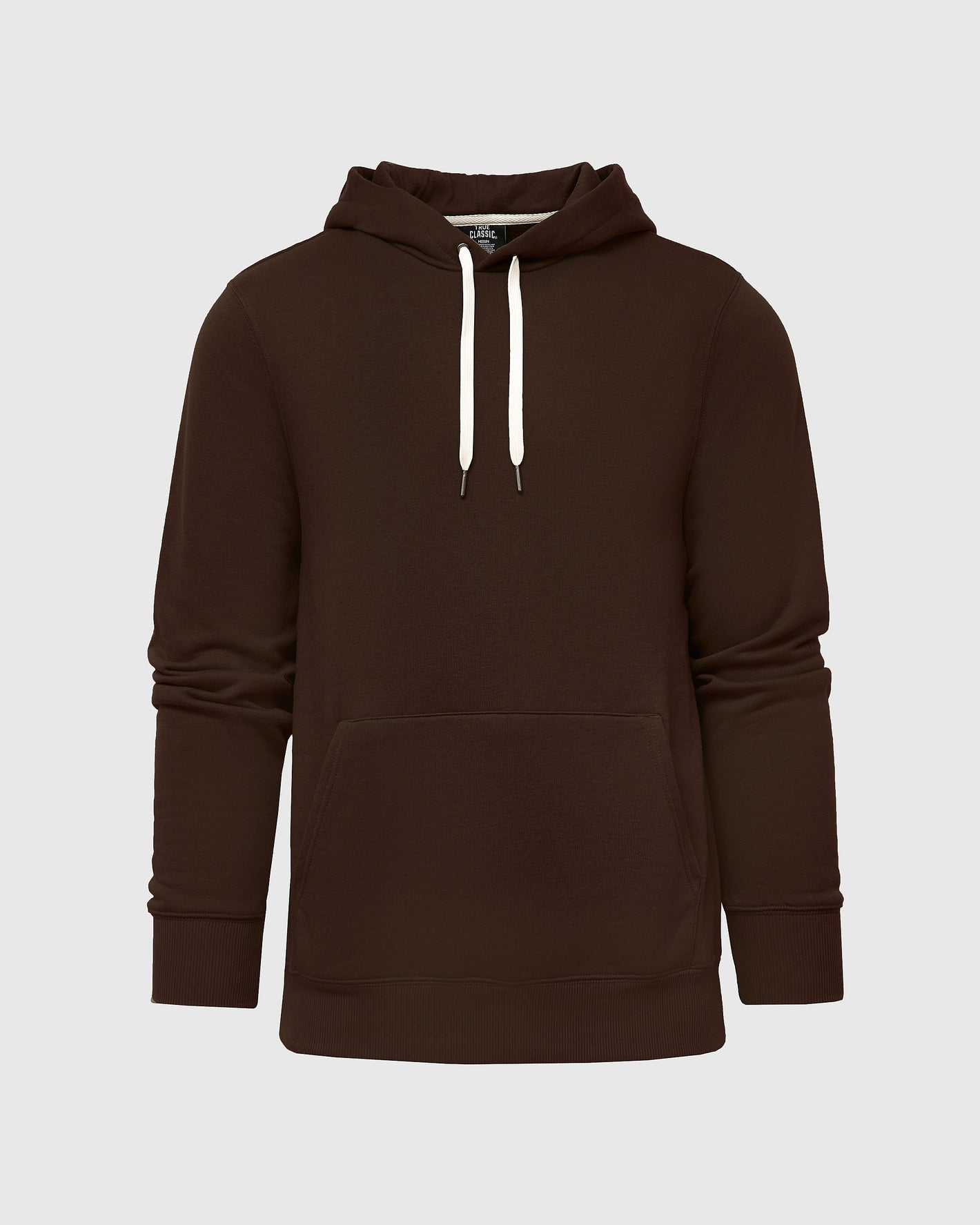 Dark Oak Fleece French Terry Pullover Hoodie with kangaroo pocket and white drawcords.