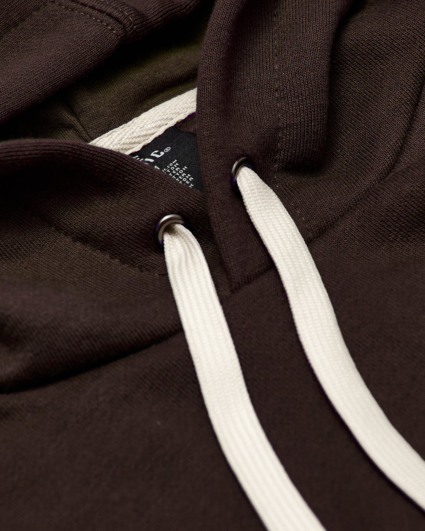 Dark Oak Fleece French Terry Pullover Hoodie with white drawstrings and metal eyelets.