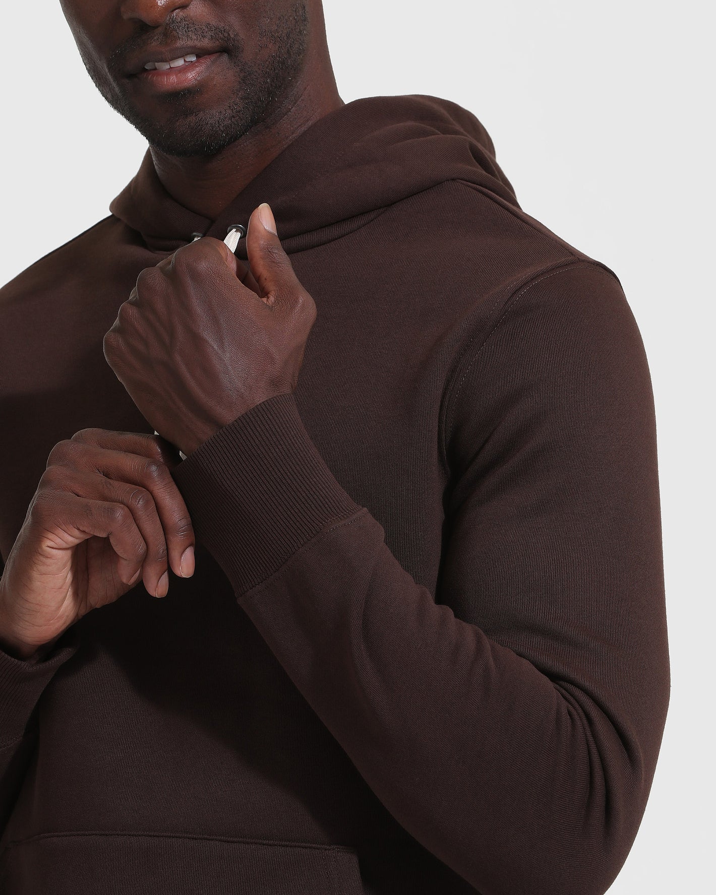 Dark Oak Fleece French Terry Pullover Hoodie with drawstring adjustment.