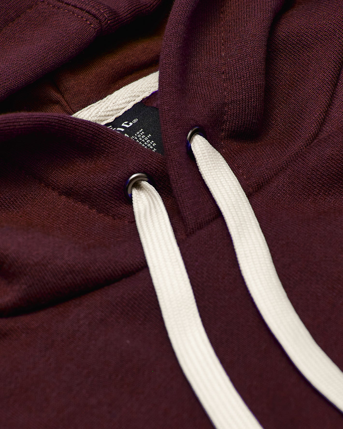 Mahogany Fleece French Terry Pullover Hoodie, showcasing hood details and drawcords.