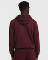 Back view of Mahogany Fleece French Terry Pullover Hoodie and joggers.