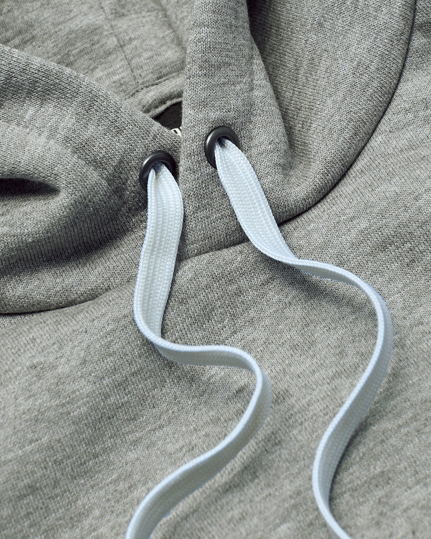 Dark Heather Gray Fleece French Terry Pullover Hoodie close-up showing knit fabric and blue drawstring.