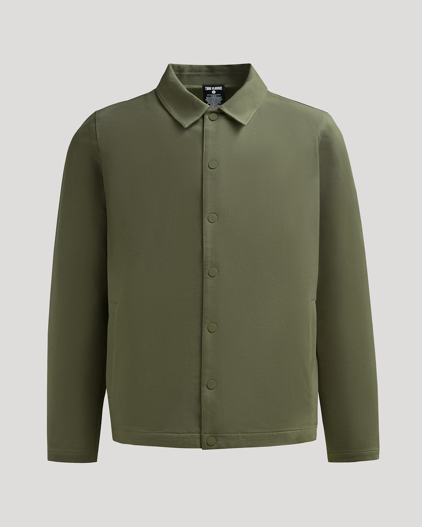 Military Green Casual Jacket with snap buttons and welt pockets.