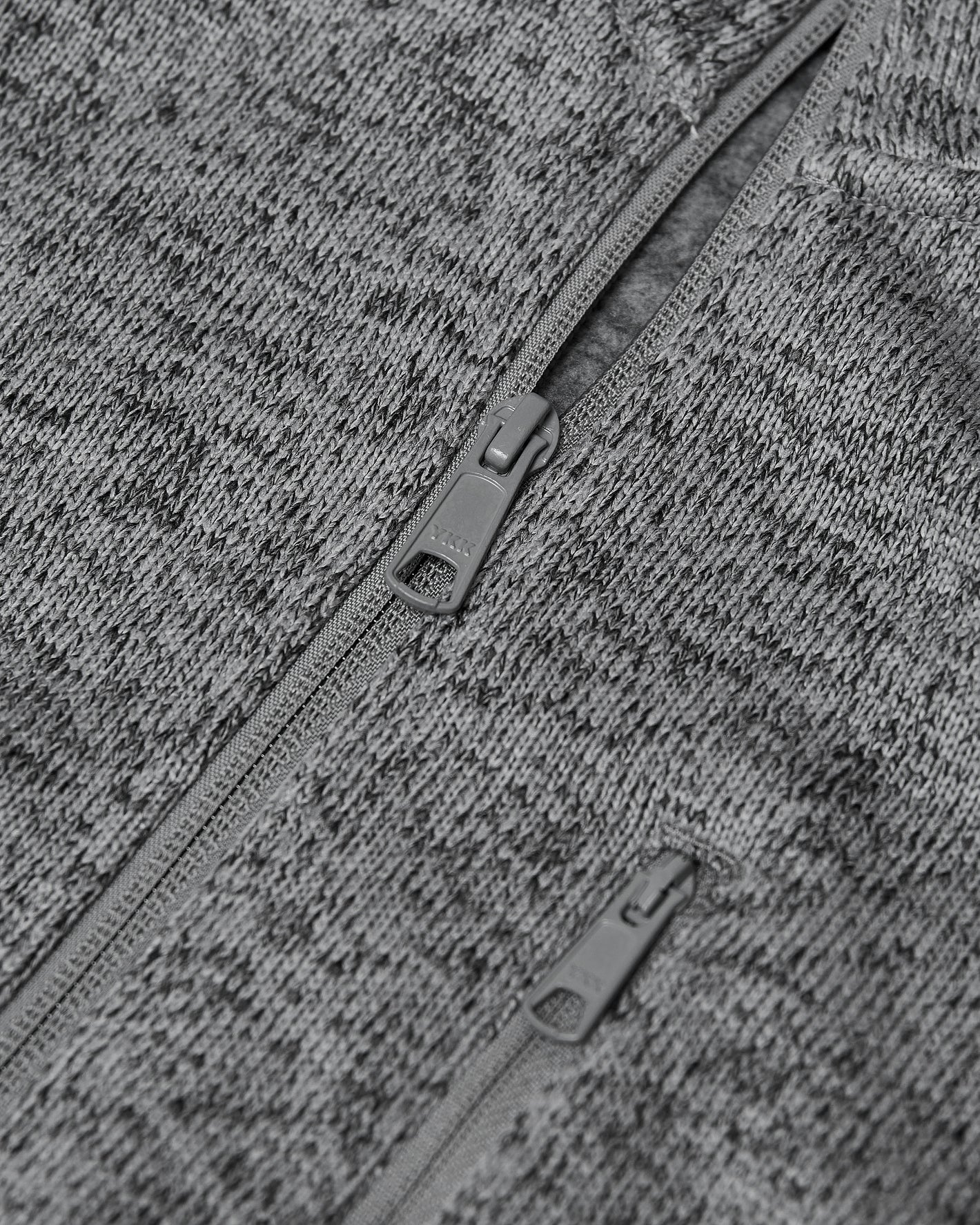 Gray Sweater Fleece Jacket with dual zippers on heathered knit fabric.