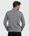 Gray Sweater Fleece Jacket, back view, mock-neck, hands in pockets.