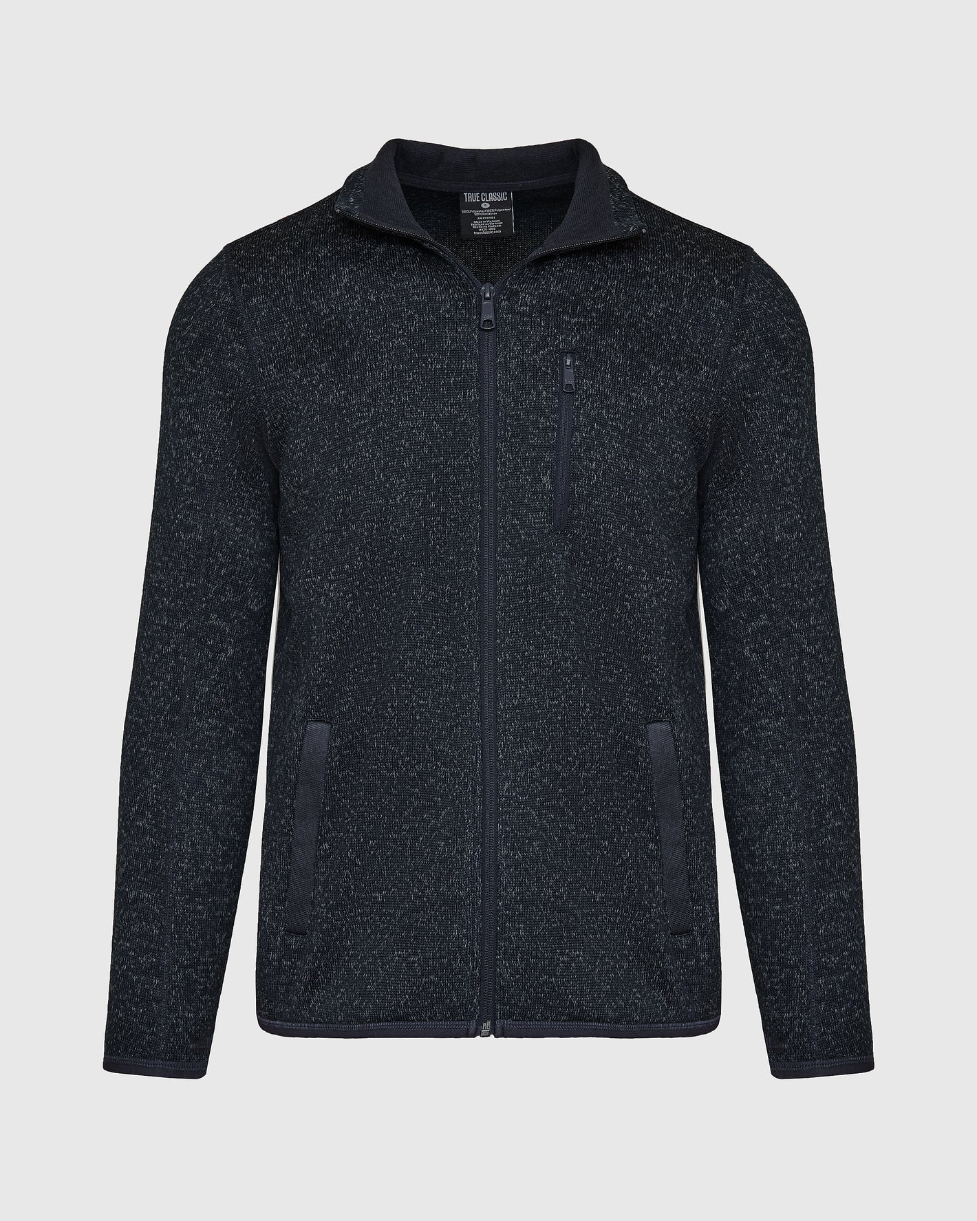Navy Sweater Fleece Jacket with chest pocket and stand collar.