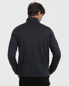 Man wearing Navy Sweater Fleece Jacket, back view, hands at sides.