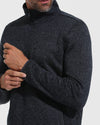 Navy Sweater Fleece Jacket with chest zip pocket, worn by model.